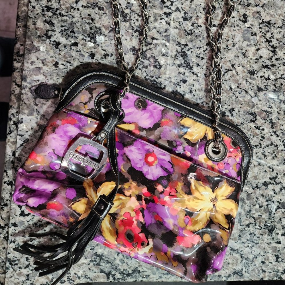 Ellen Tracy Black Floral Vinyl Shoulder Bag